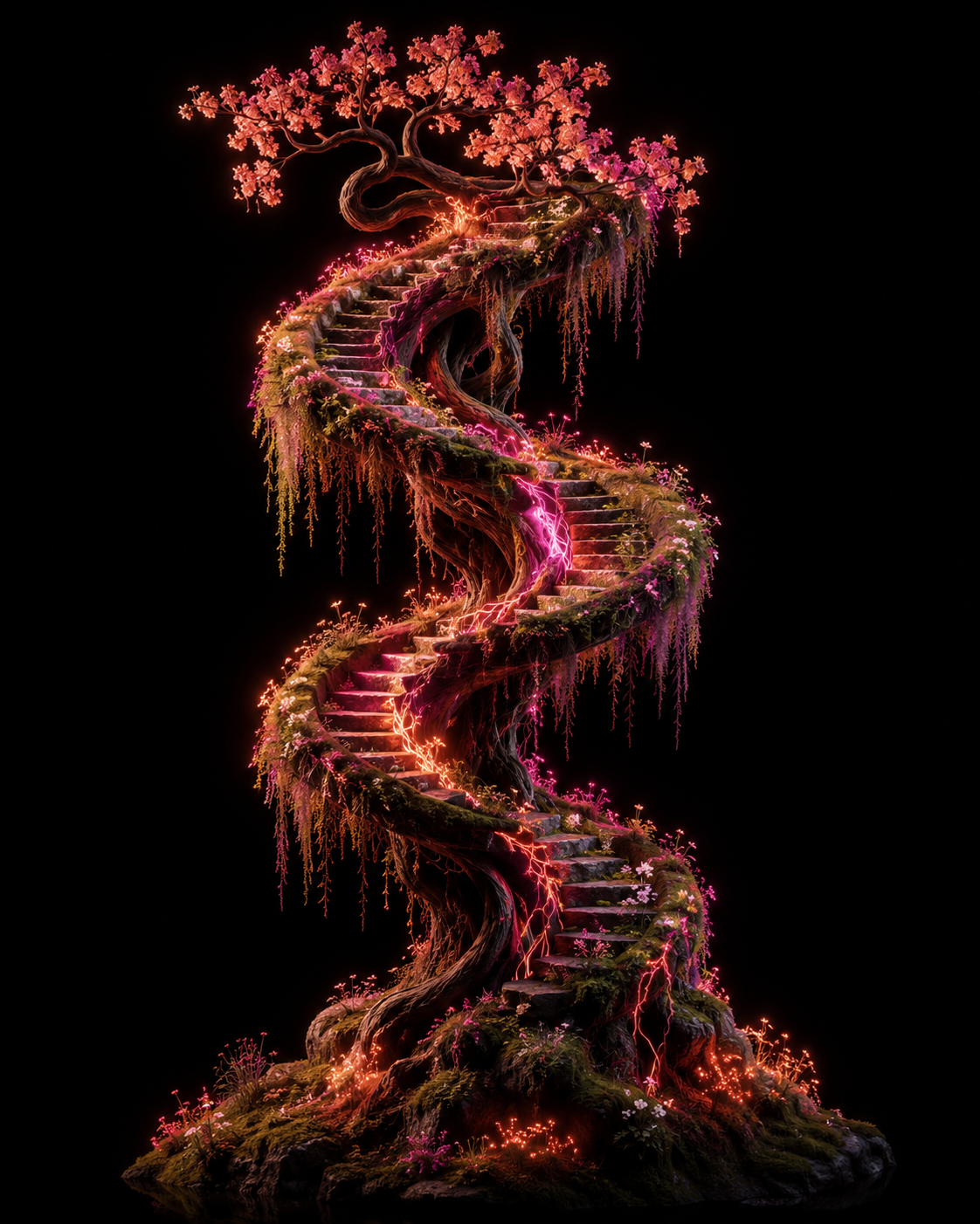 Two trees connected by glowing arcs
